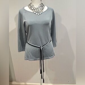 Carlisle Blue Grey Boatneck Sweater Silky Knit Top, Beaded Blue and Black Ties